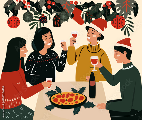 Friends are celebrating New Year's Eve, spending time with loved ones, and having a house party. People are chatting and holding glasses of wine.  