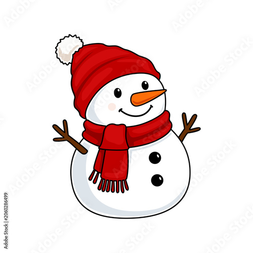 snowman wearing a red hat and scarf, clipart, a character for festive Christmas designs. 