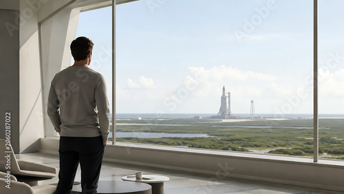 Obraz na płótnie Man Viewing Space Launch Facility from Large Window