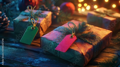 Festive Christmas Gifts with Colorful Name Tags and Soft Bokeh Lights
