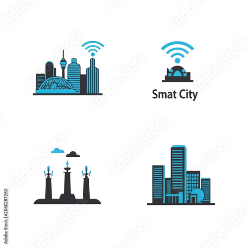 Smart city infrastructure technology icons set with wireless internet connection