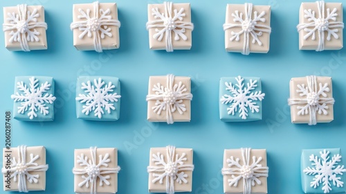 Festive Holiday Gifts With Intricate Snowflake Decorations On A Bright Blue Background