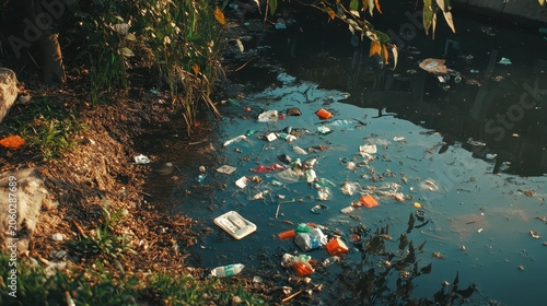 Floating plastic pollution and debris accumulating near the banks of a suburban lake, highlighting environmental degradation.