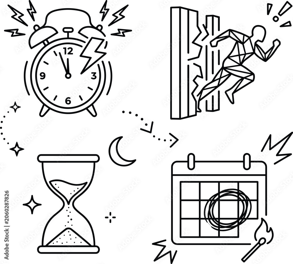 Naklejka premium Time Management Deadline and Urgency Line Art Vector Icon Set with Alarm Clock and Hourglass