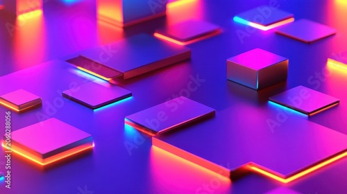 Geometric Platforms Illuminated with Vibrant Neon Lights in a Futuristic Digital Landscape