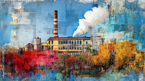 Industrial factory with vibrant red and white smokestack emitting smoke against an abstract autumnal backdrop