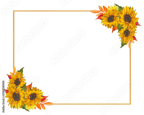 Watercolor autumn sunflower frame with golden rectangular border