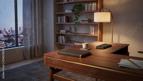 Modern home office setup featuring a wooden desk, bookshelf, table lamp, and city view window