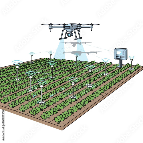 Precision agriculture technology drone flying over field with sensors