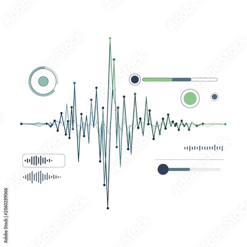 Audio waveform illustration with equalizer and sound control elements on white background