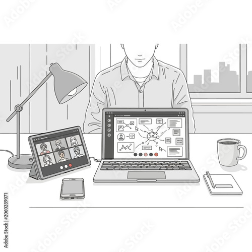 Man working from home on laptop and tablet video call