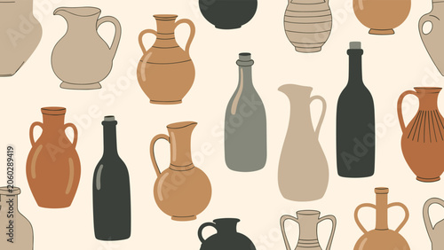 Seamless pattern design featuring various shapes and sizes of ceramic jars, bottles, and vases in earthy tones and dark colors.