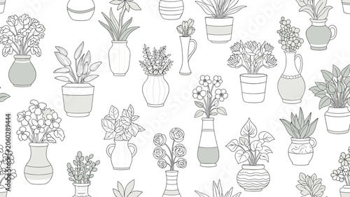 Decorative seamless pattern with various indoor plants and blooming flowers in different styles of pots and ceramic vases.