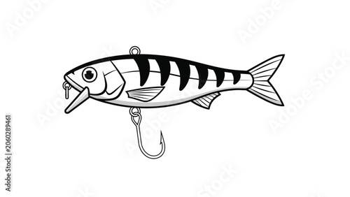 Realistic fishing lure illustration featuring a striped crankbait with a sharp metal hook for outdoor sports and angling enthusiasts.