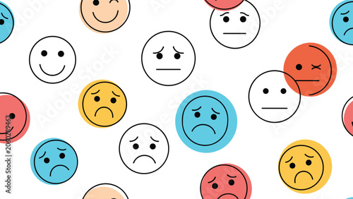 Playful seamless pattern of colorful round faces expressing different emotions like happy, sad, wink, and neutral on white.