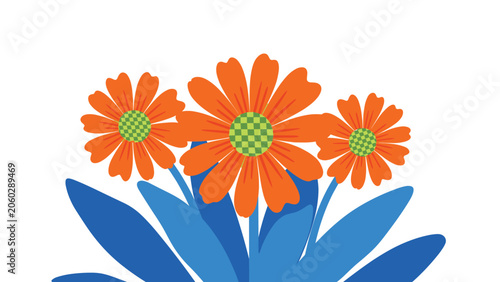 Three bright orange flowers with yellow centers and vibrant blue leaves shown against a clean white background for floral art.