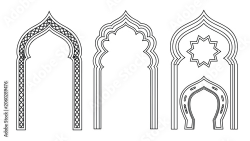 Set of three ornate archway designs inspired by middle eastern and islamic architecture featuring intricate patterns and shapes.