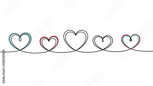 Elegant continuous line drawing of five hearts in a row with subtle red and blue accents on a clean white background for love.