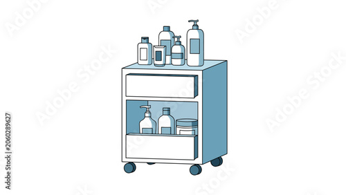 Rolling medical or beauty cart with two shelves holding various bottles of lotions, soaps, and creams in blue and white colors.