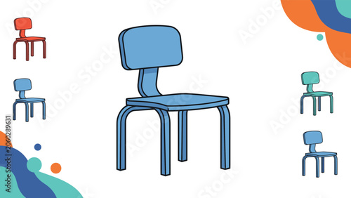 Blue school chair shown in a classroom setting with other colorful chairs and abstract shapes in the corners for education themes.