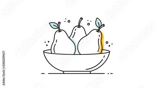 Simple bowl of three fresh pears illustration with leaves and decorative dots in a clean graphic style on white background.