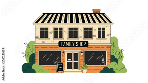 Two-story family shop building with a striped roof and windows surrounded by lush green bushes and trees for urban themes.