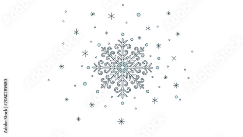 Intricate snowflake illustration with swirling patterns surrounded by small stars and dots for winter holiday and ice themes.