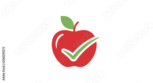 A simple graphic illustration of a red apple with green leaf