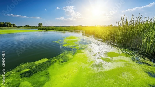 Vibrant green algae bloom covering a polluted stream under bright sunlight and a blue sky