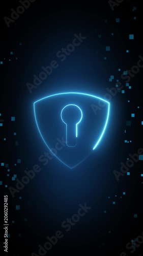 Glowing blue shield with a keyhole on a dark digital background, showing cyber security, data protection, privacy and safe online access in a modern tech style.