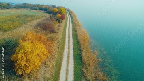 Winding dirt trail alongside a tranquil lake with vibrant autumn foliage and grassy fields