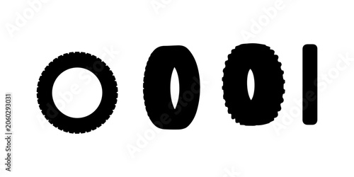Minimal black silhouette rubber wheel tire icon, simple flat vector, bold black shape, no shading set of  black bicycle wheels with different spoke patterns on a, flat icon style,Black rubber wheel 