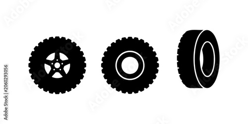 Minimal black silhouette rubber wheel tire icon, simple flat vector, bold black shape, no shading set of  black bicycle wheels with different spoke patterns on a, flat icon style,Black rubber wheel 
