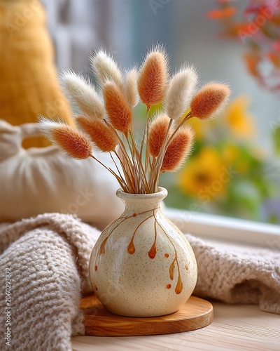 Vase with Dried Bunny Grass on Wooden Table Window