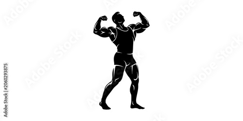 Muscular bodybuilder vector silhouette illustration isolated on white background. Sport man strong arms. Body builder athlete showing muscles. Boy with muscular body pose exhibition in competition.