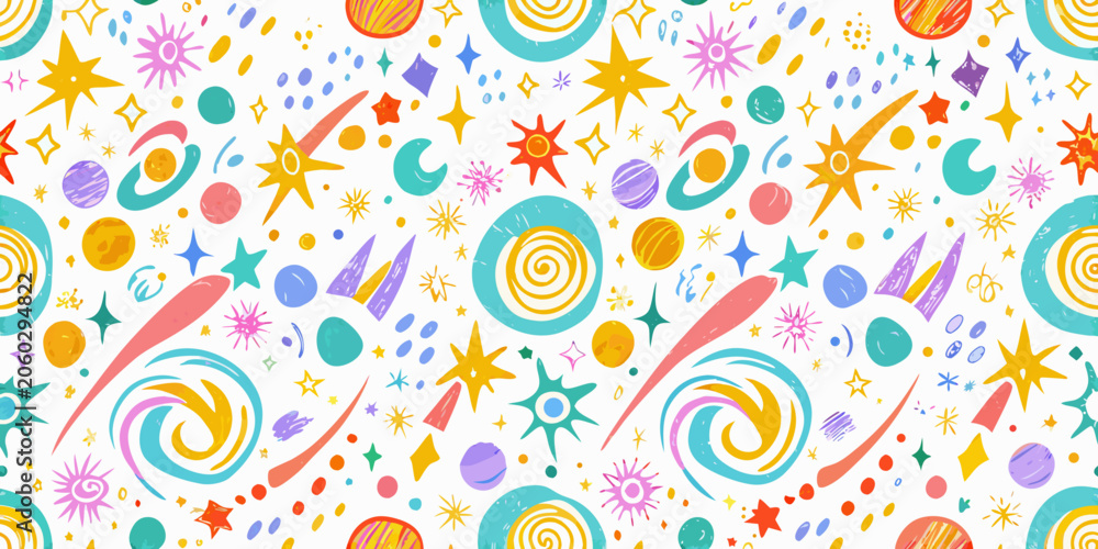 Fototapeta premium Cosmic Doodle Pattern With Stars Planets And Swirls On White Background