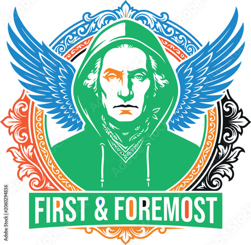 Illustration of a stylized military veteran emblem featuring wings, a portrait, and first foremost banner in ornate vintage design.