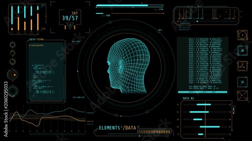Animated high-tech screen with person identification and data processing