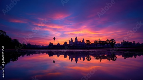 Angkor Wat Temple Silhouette Reflects in Pool During Sunset