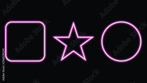 Obraz na plátně Neon purple geometric shapes square star and circle frame isolated on dark black background