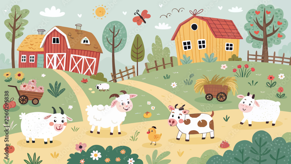 Naklejka premium Cute farm landscape with cartoon animals, red barn, yellow house, trees, flowers and hay cart in a sunny meadow, vector illustration for kids