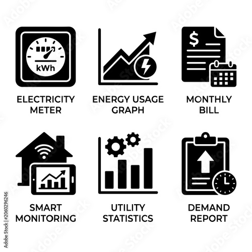 Fotografie Set of smart energy monitoring and electricity usage reporting icons