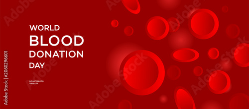 Tableau sur toile World Blood Donation Day message on a vibrant red background featuring stylized, translucent blood cell shapes
