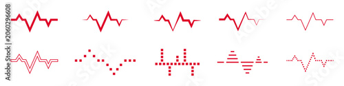 A collection of ten unique red heartbeat and pulse line designs, including solid, dotted, dashed, and stacked styles, perfect for medical and technology themes.