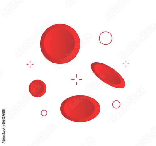 The image displays multiple red blood cells, some solid and some outlined, with small red crosshair symbols, suitable for medical or biology projects.