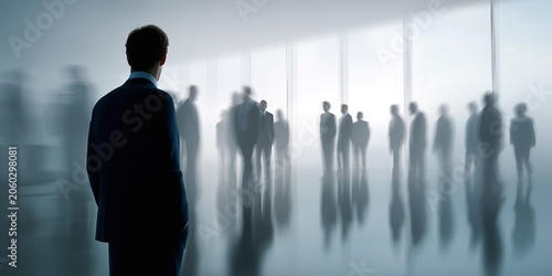 A professional businessman, boss, leader in a dark formal suit, back view standing observing a blurred crowd of corporate colleagues, employees walking through a bright modern office interior hallway.