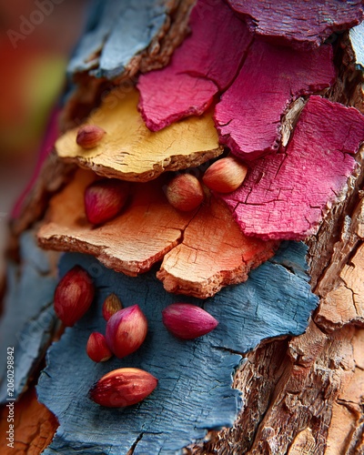 Colorful Peeling Bark with Nuts on Tree Trunk