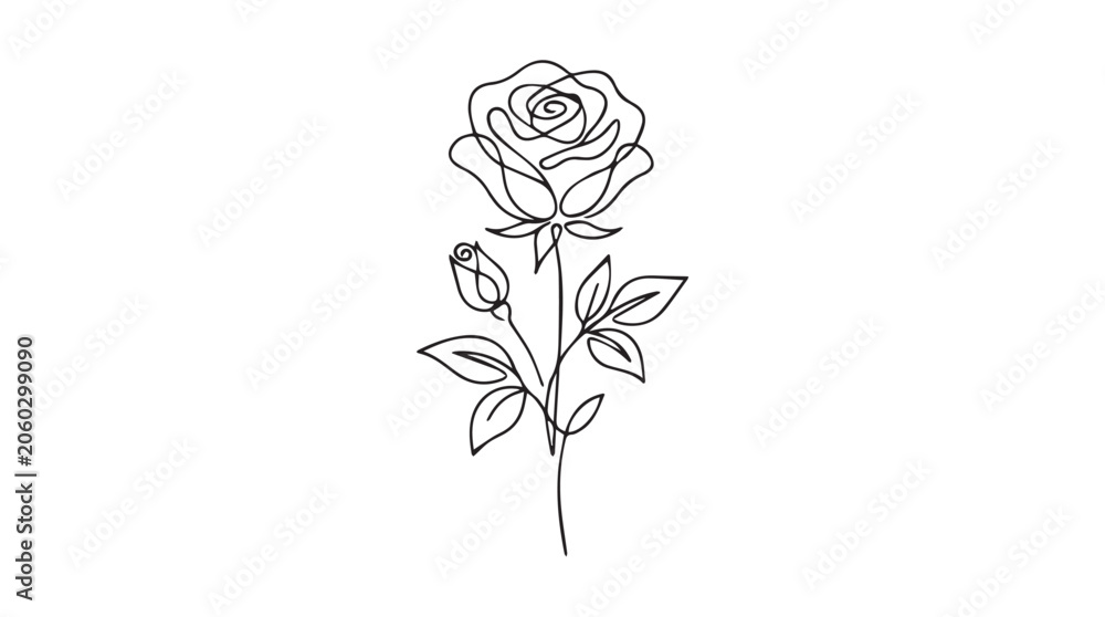 Fototapeta premium Black and white rose flower with leaves line drawing