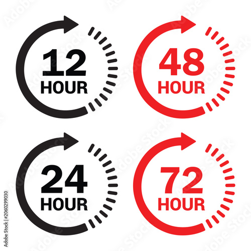 Circular arrow icons with hour timeframes 12 24 48 72 for delivery or service speed Isolated on white background
