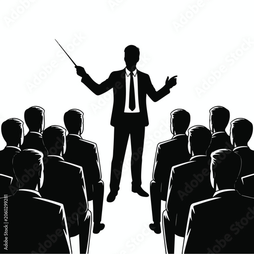 A black and white silhouette illustration of a business presentation scene
